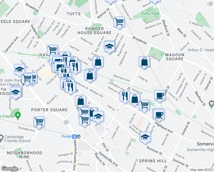 map of restaurants, bars, coffee shops, grocery stores, and more near 82 Lexington Avenue in Somerville