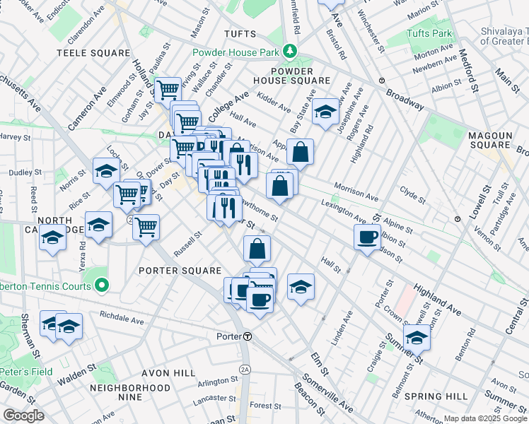 map of restaurants, bars, coffee shops, grocery stores, and more near 362A Highland Avenue in Somerville