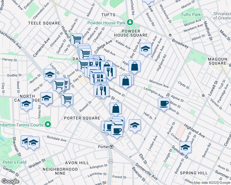 map of restaurants, bars, coffee shops, grocery stores, and more near 362A Highland Avenue in Somerville