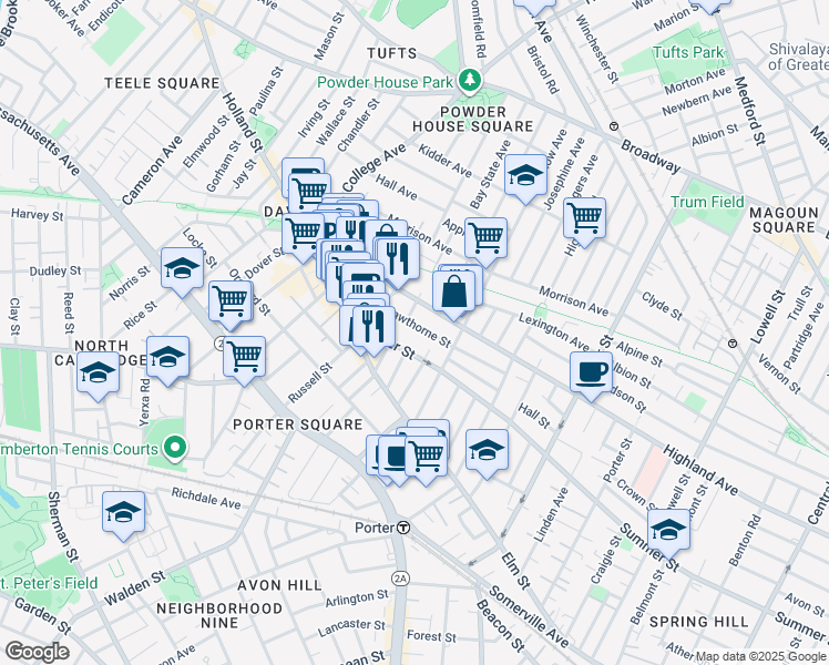 map of restaurants, bars, coffee shops, grocery stores, and more near 362A Highland Avenue in Somerville