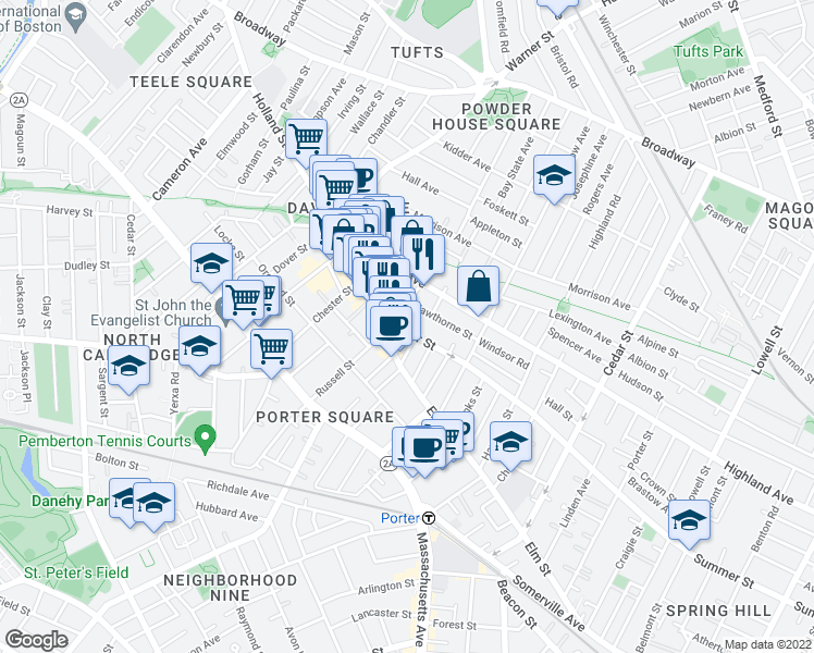 map of restaurants, bars, coffee shops, grocery stores, and more near 378 Highland Avenue in Somerville