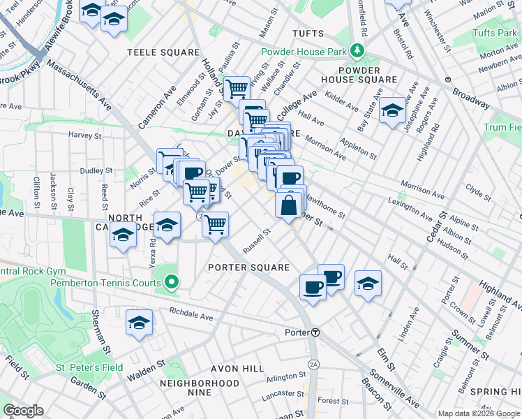 map of restaurants, bars, coffee shops, grocery stores, and more near in Somerville