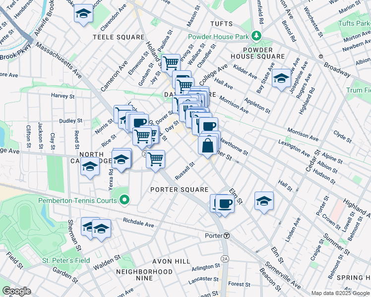 map of restaurants, bars, coffee shops, grocery stores, and more near in Somerville