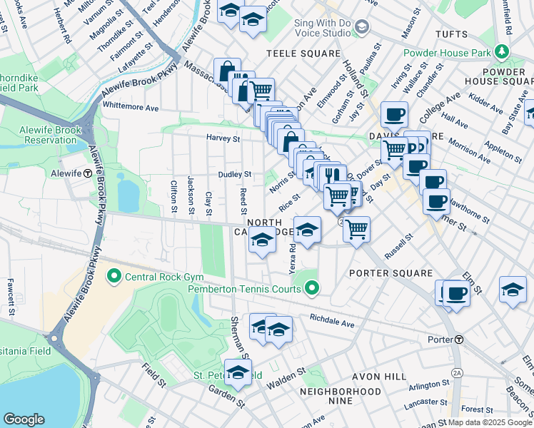 map of restaurants, bars, coffee shops, grocery stores, and more near 59 Rice Street in Cambridge