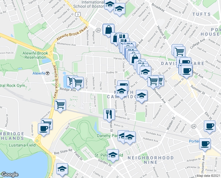 map of restaurants, bars, coffee shops, grocery stores, and more near 37 Montgomery Street in Cambridge