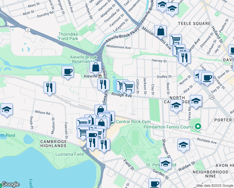 map of restaurants, bars, coffee shops, grocery stores, and more near 361 Rindge Avenue in Cambridge