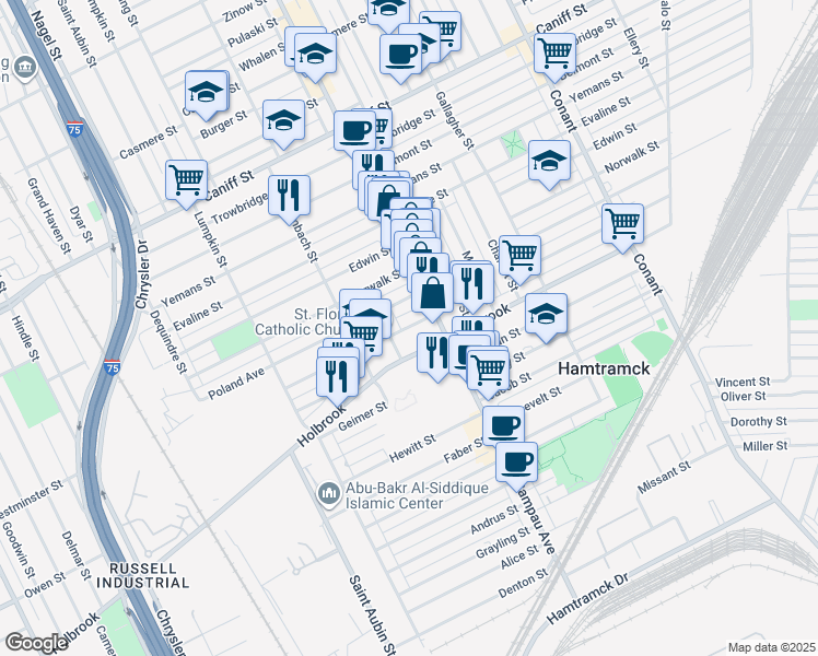 map of restaurants, bars, coffee shops, grocery stores, and more near 2726 Poland Street in Hamtramck