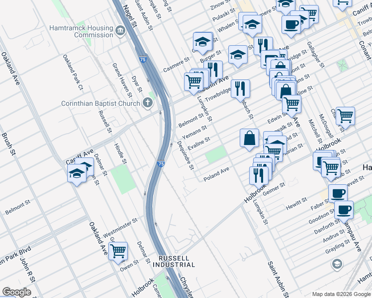 map of restaurants, bars, coffee shops, grocery stores, and more near 9836 Dequindre Street in Hamtramck