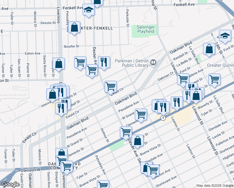 map of restaurants, bars, coffee shops, grocery stores, and more near 3351 Kendall Street in Detroit