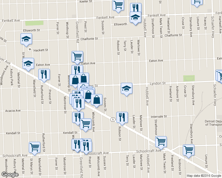 map of restaurants, bars, coffee shops, grocery stores, and more near 14500 Sussex Street in Detroit