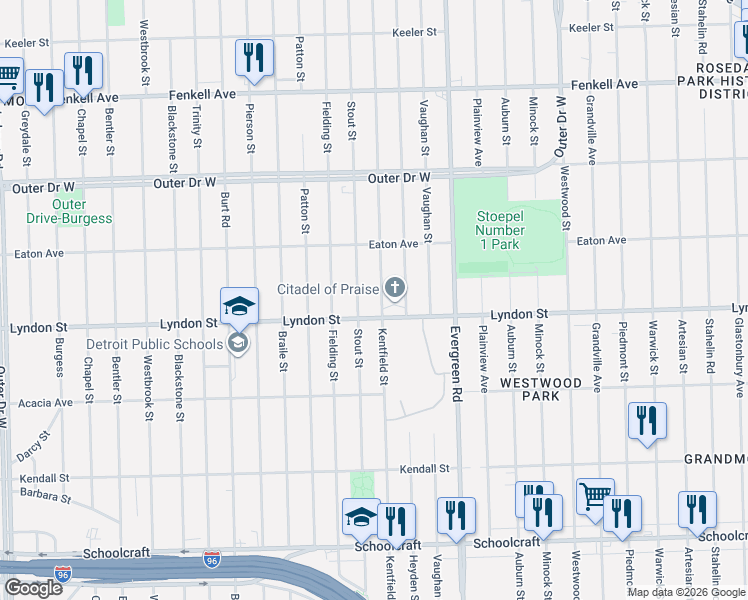 map of restaurants, bars, coffee shops, grocery stores, and more near 14572 Stout Street in Detroit