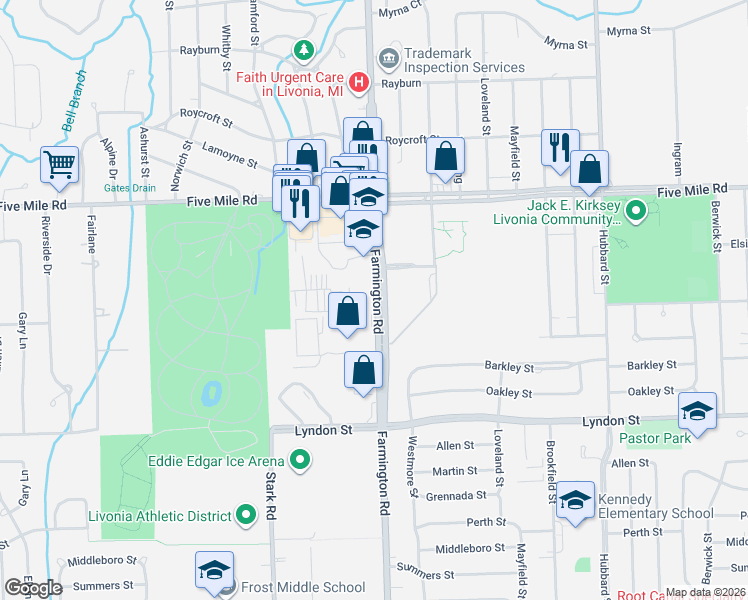 map of restaurants, bars, coffee shops, grocery stores, and more near in Livonia