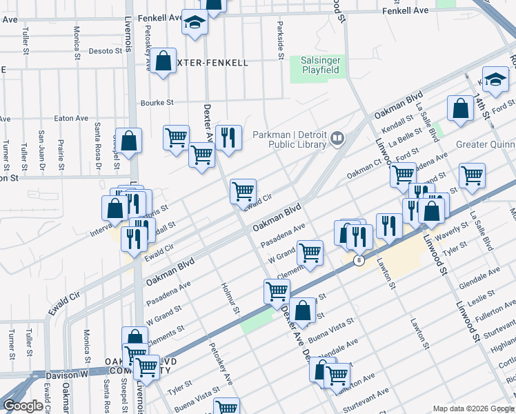 map of restaurants, bars, coffee shops, grocery stores, and more near 3351 Kendall Street in Detroit