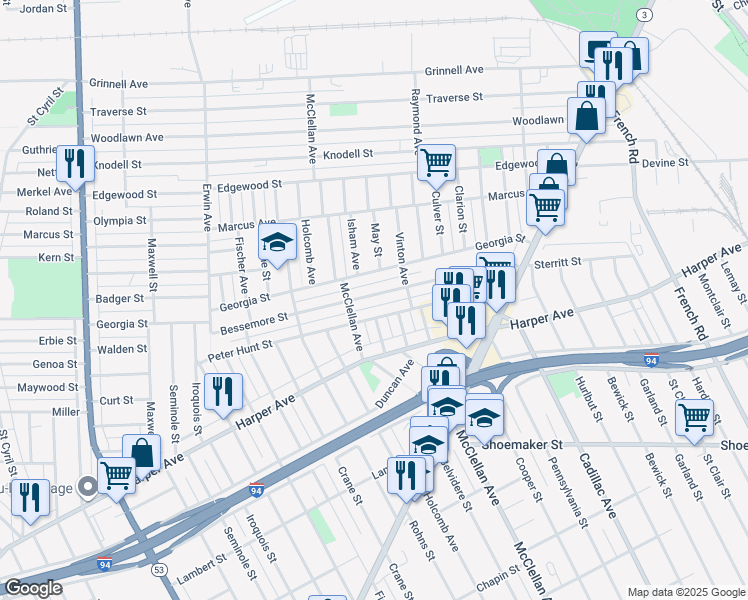 map of restaurants, bars, coffee shops, grocery stores, and more near 9377 Bessemore Street in Detroit
