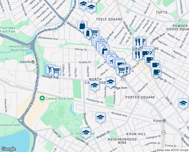 map of restaurants, bars, coffee shops, grocery stores, and more near 61 Cedar Street in Cambridge