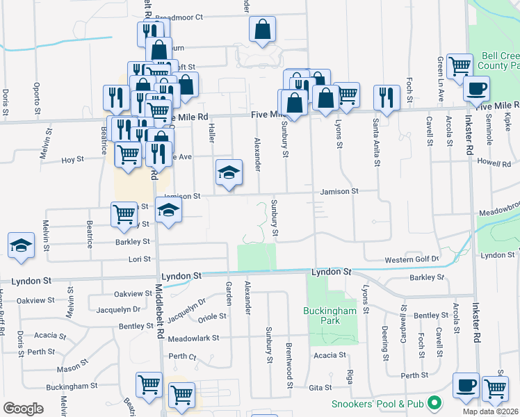 map of restaurants, bars, coffee shops, grocery stores, and more near 14907 Alexander Street in Livonia