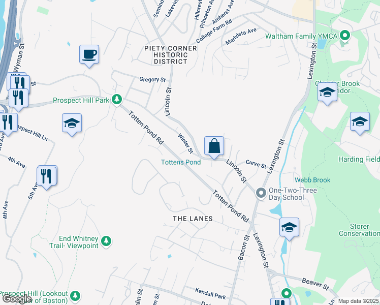 map of restaurants, bars, coffee shops, grocery stores, and more near 16 Winter Street in Waltham