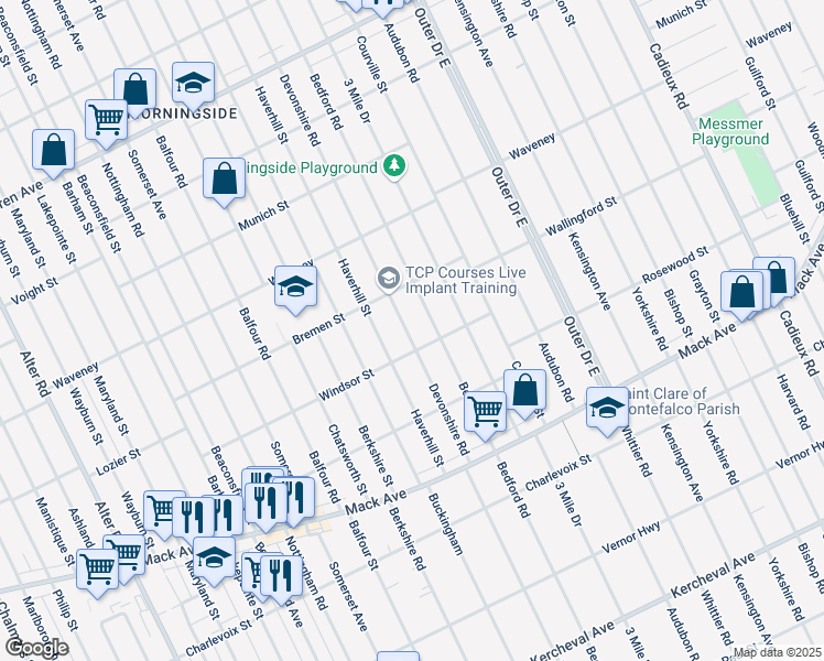 map of restaurants, bars, coffee shops, grocery stores, and more near 3934 Devonshire Road in Detroit
