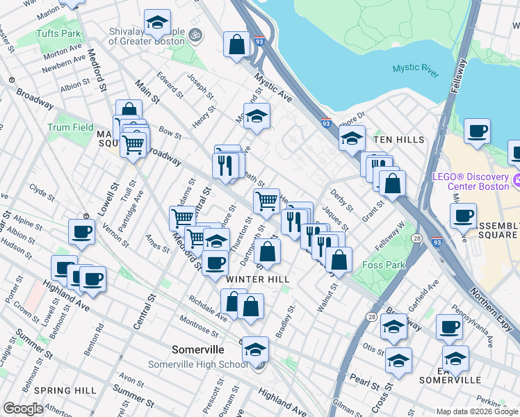 map of restaurants, bars, coffee shops, grocery stores, and more near 11 Fenwick Street in Somerville