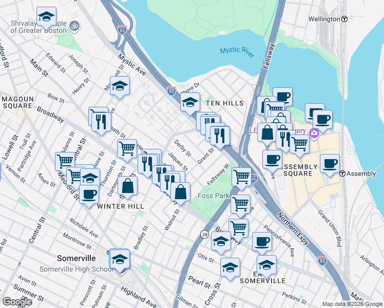 map of restaurants, bars, coffee shops, grocery stores, and more near 37 Derby Street in Somerville