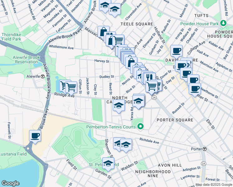 map of restaurants, bars, coffee shops, grocery stores, and more near 61 Cedar Street in Cambridge