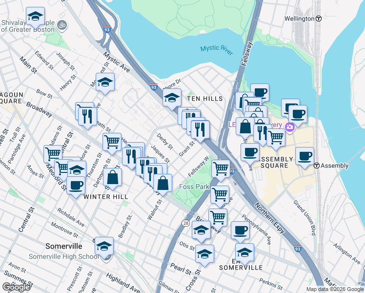 map of restaurants, bars, coffee shops, grocery stores, and more near 26 Sydney Street in Somerville