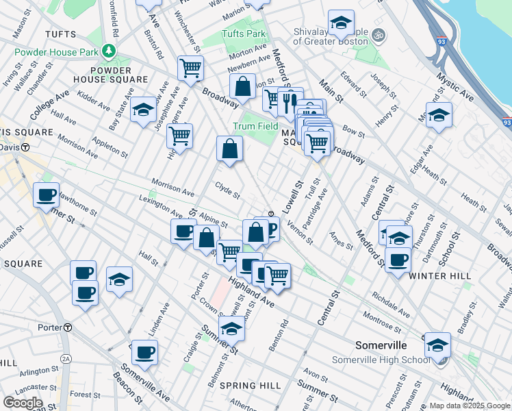 map of restaurants, bars, coffee shops, grocery stores, and more near 9 Maxwells Green in Somerville