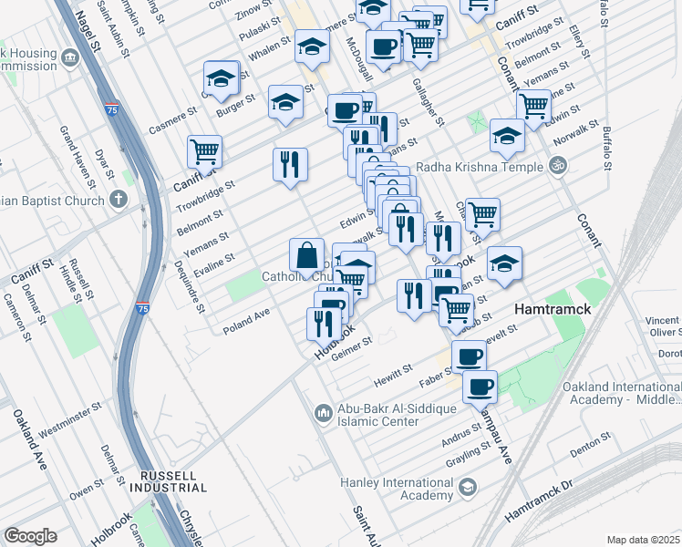 map of restaurants, bars, coffee shops, grocery stores, and more near 2609 Poland Street in Hamtramck