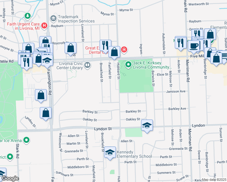 map of restaurants, bars, coffee shops, grocery stores, and more near 14950 Fairfield Street in Livonia