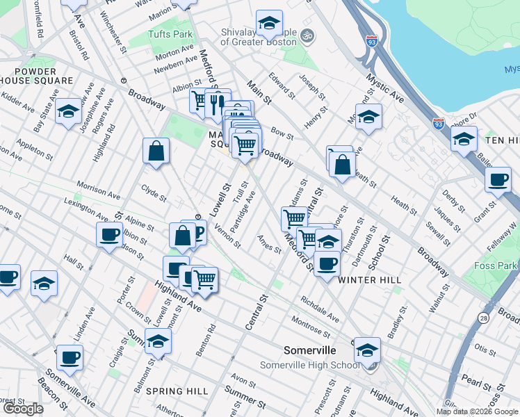 map of restaurants, bars, coffee shops, grocery stores, and more near 55 Glenwood Road in Somerville