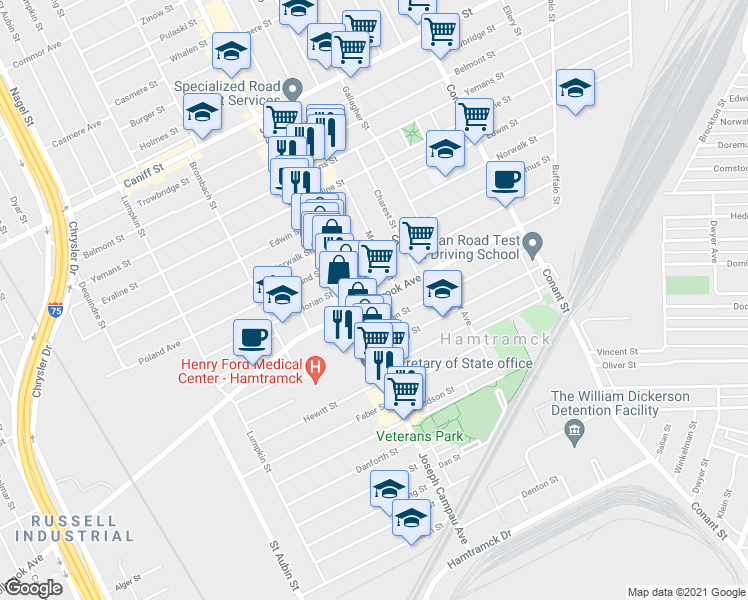 map of restaurants, bars, coffee shops, grocery stores, and more near Holbrook St & Mitchell St in Hamtramck