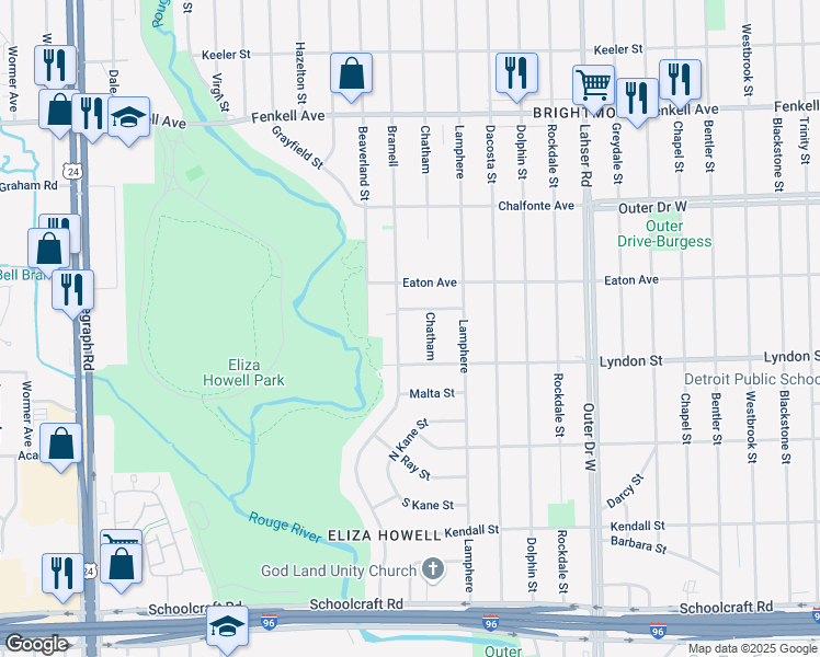 map of restaurants, bars, coffee shops, grocery stores, and more near 14601 Chatham in Detroit
