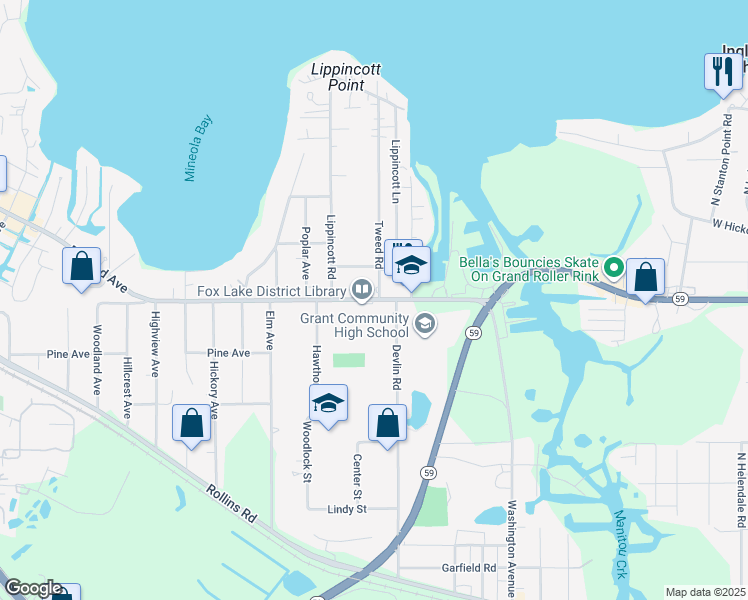 map of restaurants, bars, coffee shops, grocery stores, and more near 267 East Grand Avenue in Fox Lake