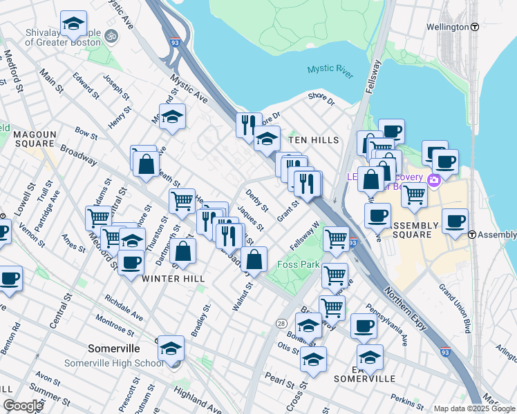 map of restaurants, bars, coffee shops, grocery stores, and more near 64 Derby Street in Somerville
