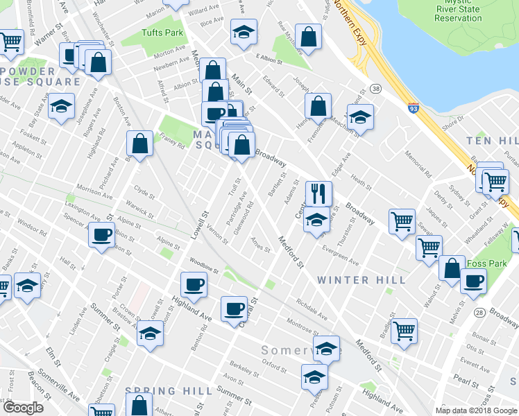 map of restaurants, bars, coffee shops, grocery stores, and more near 75 Bartlett Street in Somerville