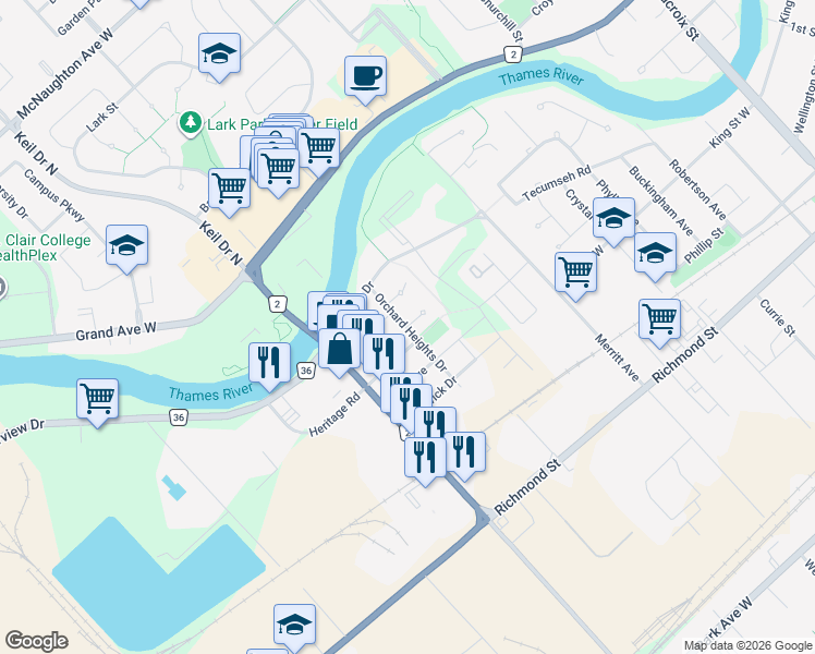 map of restaurants, bars, coffee shops, grocery stores, and more near 6 Sarah Crescent in Chatham-Kent