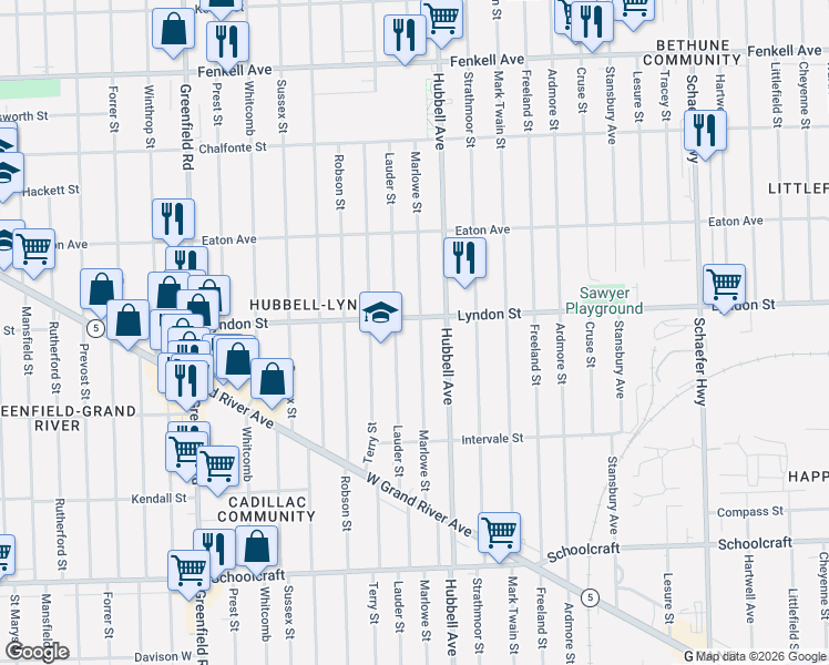 map of restaurants, bars, coffee shops, grocery stores, and more near 14421 Marlowe Street in Detroit