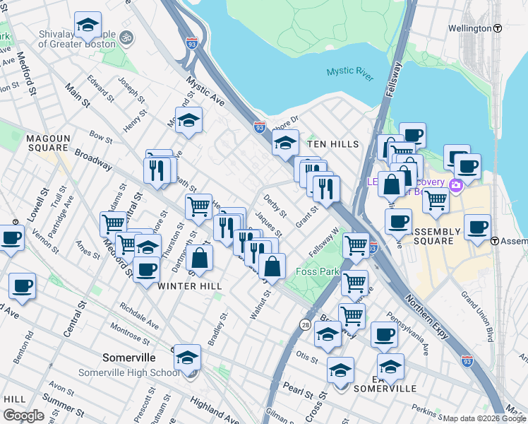 map of restaurants, bars, coffee shops, grocery stores, and more near 64 Derby Street in Somerville