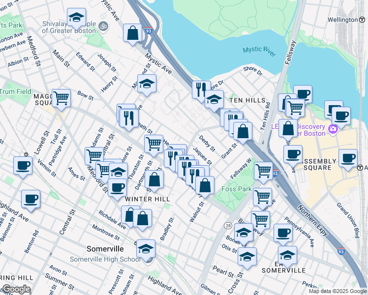 map of restaurants, bars, coffee shops, grocery stores, and more near in Somerville