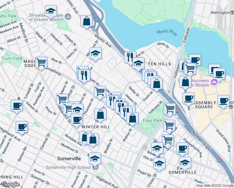 map of restaurants, bars, coffee shops, grocery stores, and more near in Somerville