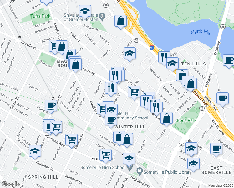 map of restaurants, bars, coffee shops, grocery stores, and more near 379 Broadway in Somerville