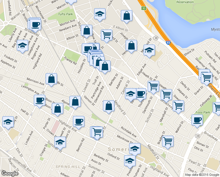 map of restaurants, bars, coffee shops, grocery stores, and more near 81 Bartlett Street in Somerville
