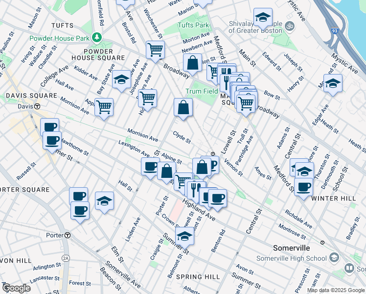 map of restaurants, bars, coffee shops, grocery stores, and more near 29 Clyde Street in Somerville