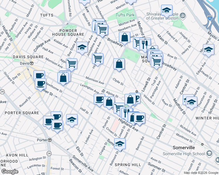 map of restaurants, bars, coffee shops, grocery stores, and more near 181 Cedar Street in Somerville