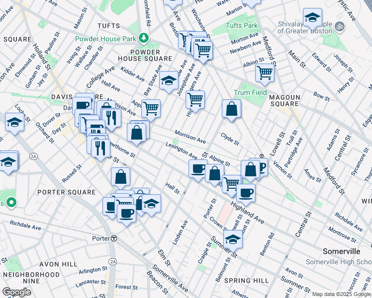 map of restaurants, bars, coffee shops, grocery stores, and more near 47 Lexington Avenue in Somerville