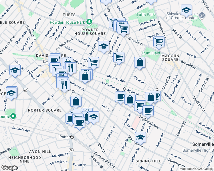 map of restaurants, bars, coffee shops, grocery stores, and more near 47 Lexington Avenue in Somerville