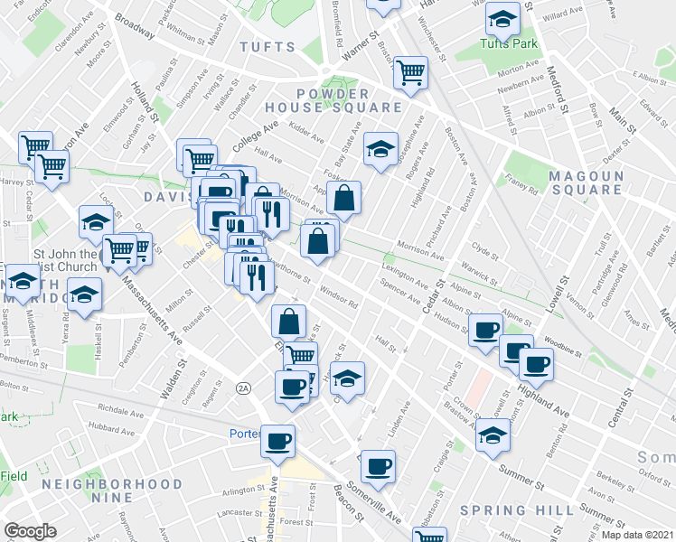 map of restaurants, bars, coffee shops, grocery stores, and more near 100 Willow Avenue in Somerville