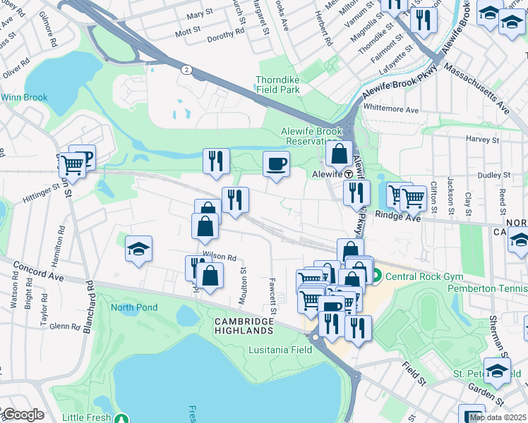 map of restaurants, bars, coffee shops, grocery stores, and more near 150 Cambridgepark Drive in Cambridge