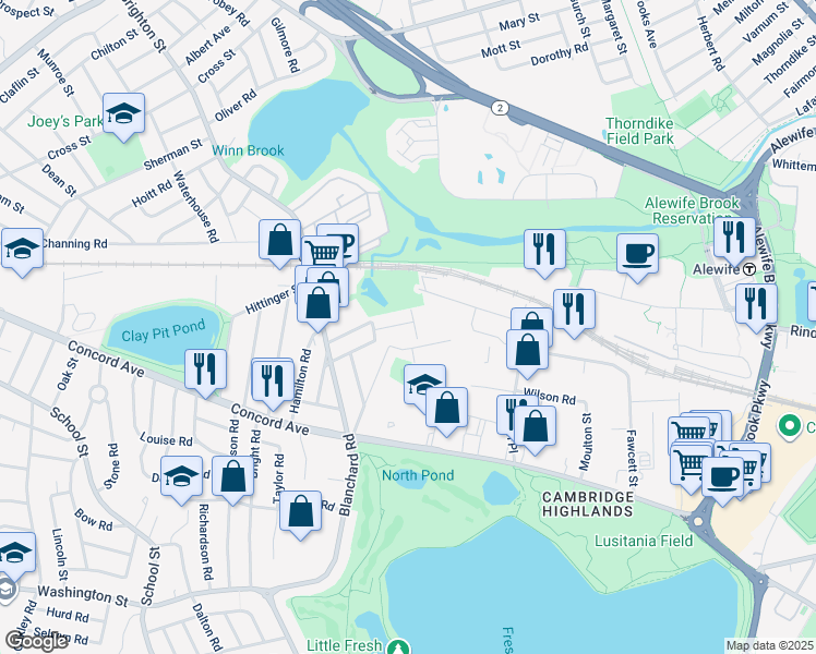 map of restaurants, bars, coffee shops, grocery stores, and more near 86 Normandy Avenue in Cambridge