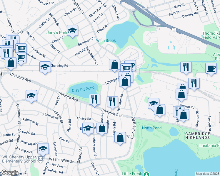 map of restaurants, bars, coffee shops, grocery stores, and more near 86 Baker Street in Belmont